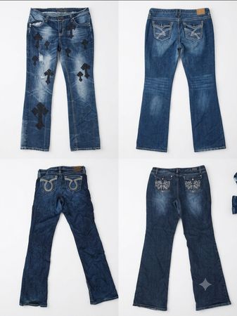 Pacchetto di Jeans in Denim Vintage Y2K con Toppa Cross e Decorazioni (Z-08)