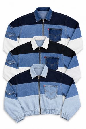 CR2043 Upcycled Color-Block Denim Zip Jacket