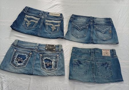 CR10923 Upcycled Mix-Branded Mini Denim Skirts