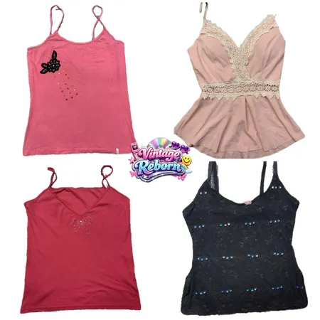 Vintage Y2K Embellished Cami Bundle – 9pcs | Rhinestone, Sequin & Lace Peplum Tops | VR379 🌸