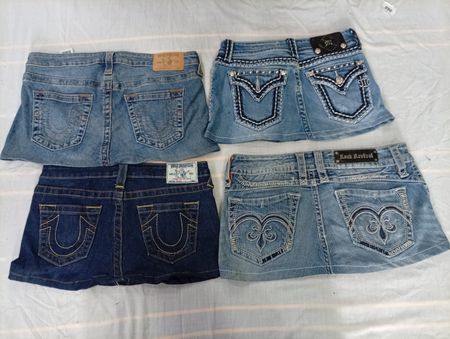 CR10586 Upcycled Mix Branded Mini Denim Skirts
