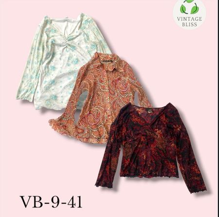 Y2K Vintage Gedruckte Poly Bluse Langarm Großhandelsbündel (VB-9-41) 12 Stück