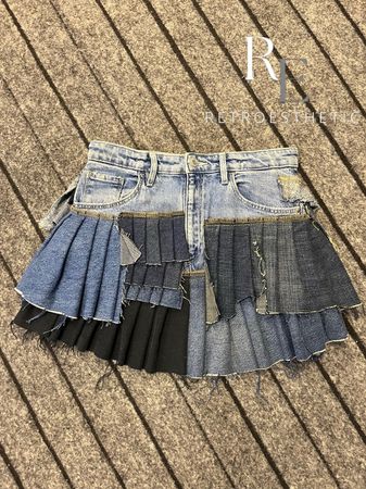 Upcycled Y2k denim Multi Layered Pleated Mini Skirt