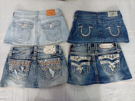 CR10585 Upcycled Mix Branded Mini Denim Skirts