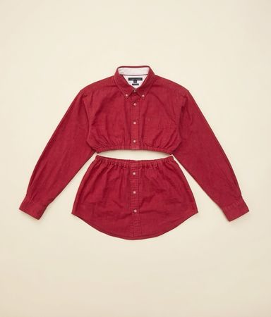 Upcycled Tommy Hilfiger Two-Piece Set | Cropped Button-Up & Mini Skirt (Dc-10-199)