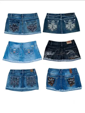 Jupe en denim avec poches arrière en strass et graphique Y2K (VM-217)