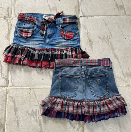 Upcycled Y2K Denim & Flannel Ruffle Skirt