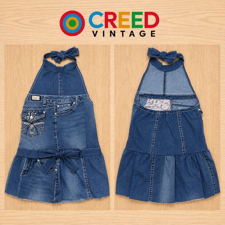 CR2279 UPCYCLED DENIM HALTER BOW DRESS