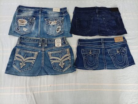 CR10589 Upcycled Mix Branded Mini Denim Skirts