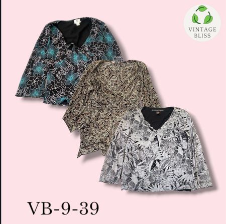 Y2K Vintage Schwarz Bedruckte Polybluse mit langen Ärmeln Großhandelsbundle (VB-9-39) 9 Stück