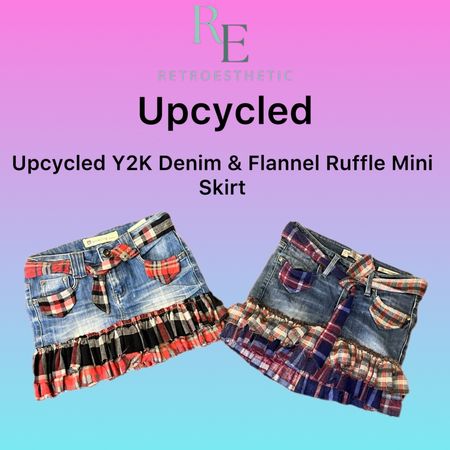 Jupe mini volant en denim et flanelle Y2K upcyclée