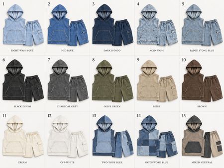 CR2244 UPCYCLED DENIM HOODED VEST & CARGO SHORTS SET