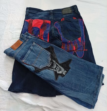 CR12615 Upcycled Printed Denim Shorts