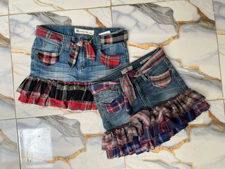 Upcycled Y2K Denim & Flannel Ruffle Mini Skirt