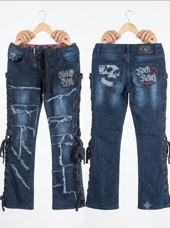 4 Pcs Vintage Y2K Gothic & Distressed Flare Jeans Lot - Rock Rebel