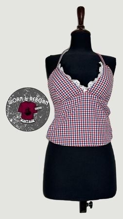 Top camicetta a spalle scoperte in gingham riciclato