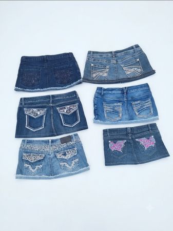 Y2K Denim Mini Skirt Lot Vintage McBling Rhinestone Embroidered Pockets(A-23)