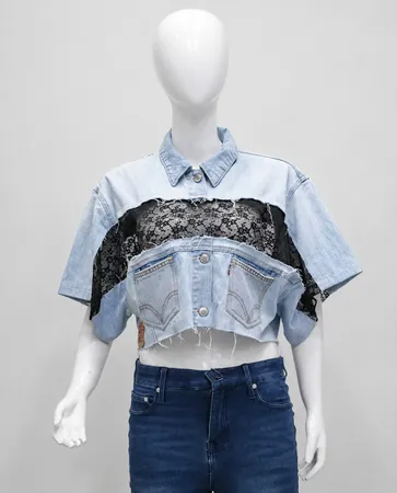 CR2215 DENIM RICICLATO & PIZZO TOP CROP DECONSTRUITO