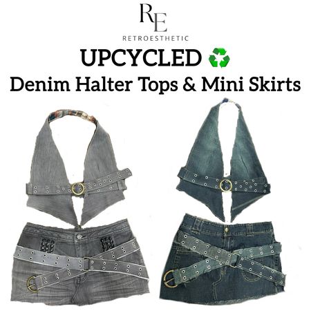 Upcycled Denim Haltertops & Mini-Röcke