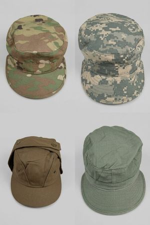Camo Millitry Caps including patterns like Military Patrol, Woodland, ACU, Green & Digital Camo Y2K and Modren mix